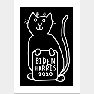 White Line Cute Cat with Biden Harris Sign Posters and Art